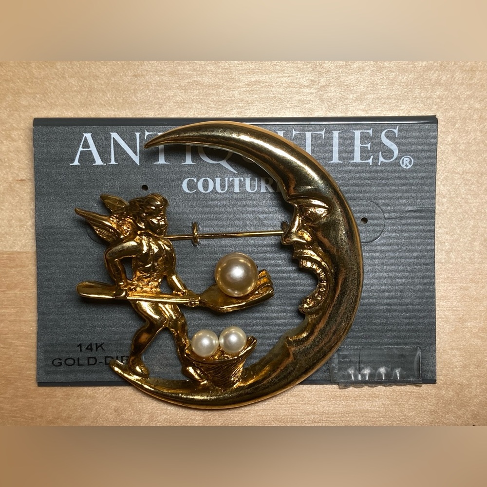 Antique Inspired Costume Pearl Spirit & Soul Crescent Moon Pin